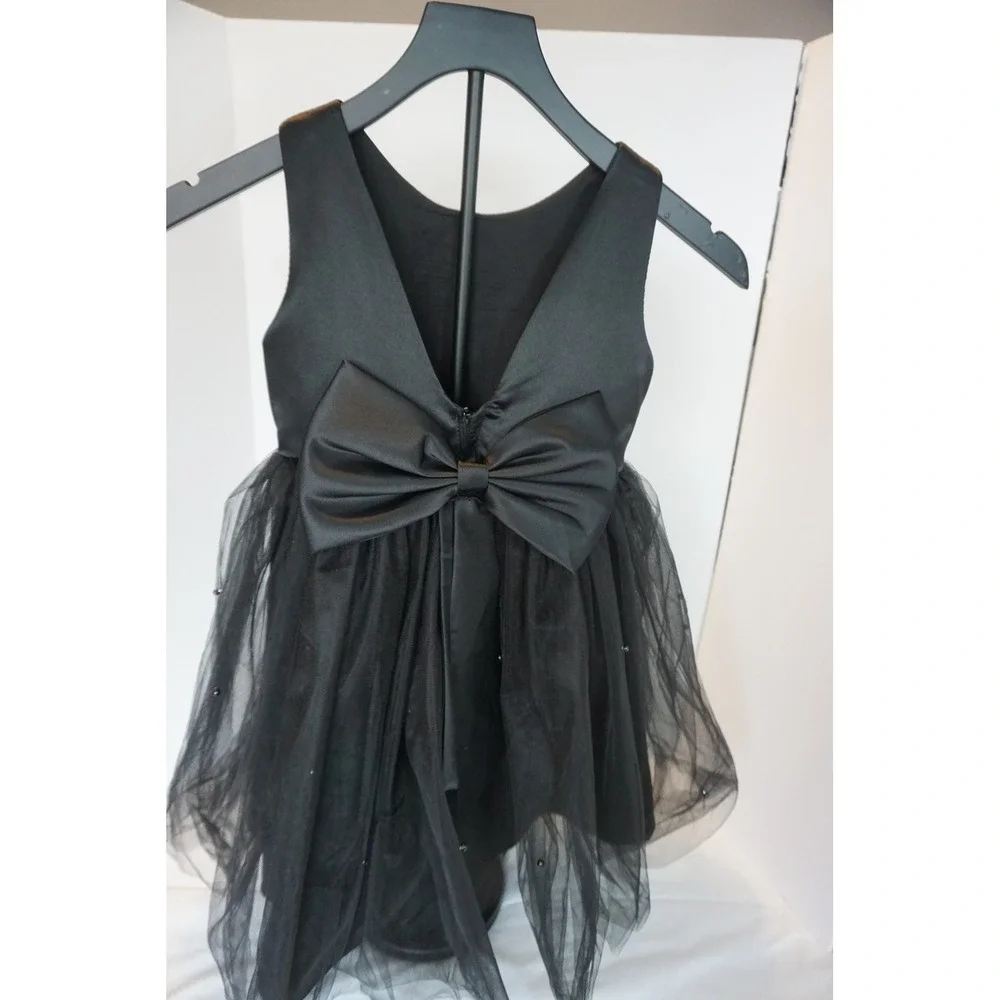 Black Tulle Pearl Beaded V-Back Bow Party Dress Kids Size 6 Formal Wedding